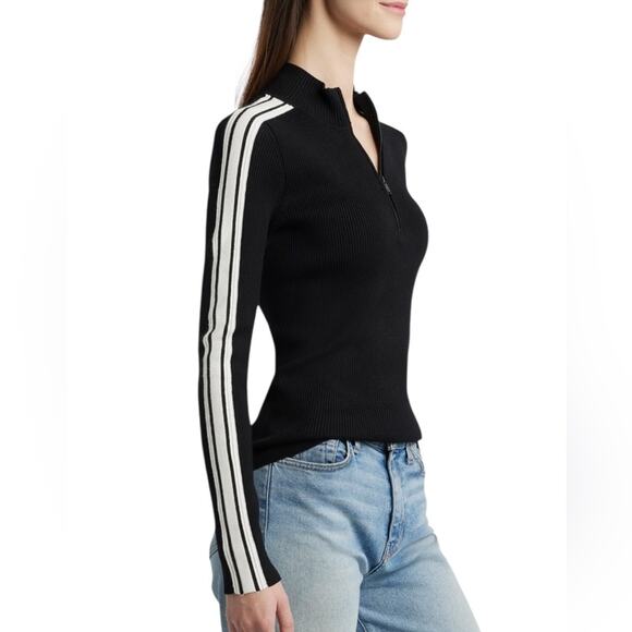DKNY Ribbed Stripe Quarter Zip Mock Neck Long Sleeve Sweater - Med - Picture 2 of 7